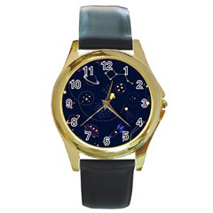 Cartoon-space-seamless-pattern-vectors Round Gold Metal Watch