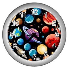 Background-with-many-planets-space Wall Clock (silver)