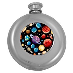 Background-with-many-planets-space Round Hip Flask (5 Oz)