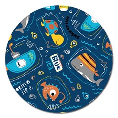 Seamless-pattern-vector-submarine-with-sea-animals-cartoon Magnet 5  (round)