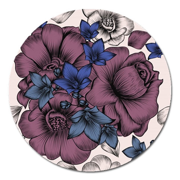 Floral-wallpaper-pattern-with-engraved-hand-drawn-flowers-vintage-style Magnet 5  (Round)