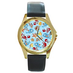 Seamless-pattern-funny-marine-animals-cartoon Round Gold Metal Watch