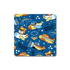 Seamless-pattern-with-nice-planes-cartoon Square Magnet