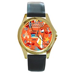 Seamless-pattern-vector-beach-holiday-theme-set Round Gold Metal Watch