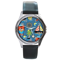 Seamless-pattern-with-sailing-cartoon Round Metal Watch