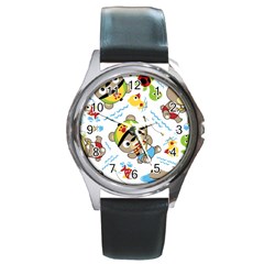 Vector-seamless-pattern-cute-fishing-animals-cartoon Round Metal Watch