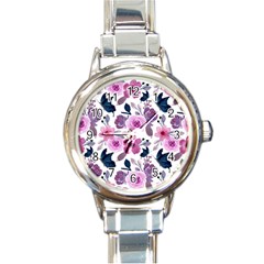 Purple-flower-butterfly-with-watercolor-seamless-pattern Round Italian Charm Watch