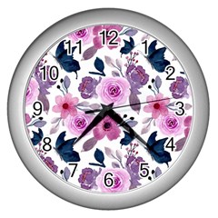 Purple-flower-butterfly-with-watercolor-seamless-pattern Wall Clock (silver) by Jancukart