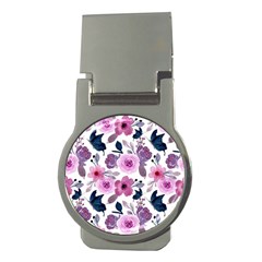 Purple-flower-butterfly-with-watercolor-seamless-pattern Money Clips (round) 