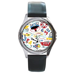 Seamless-pattern-vector-sailing-equipments-cartoon Round Metal Watch