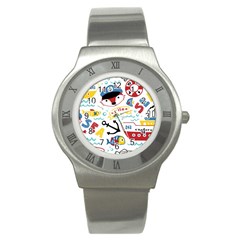 Seamless-pattern-vector-sailing-equipments-cartoon Stainless Steel Watch