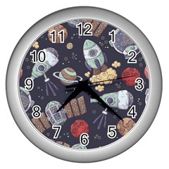 Hand-drawn-pattern-space-elements-collection Wall Clock (silver)