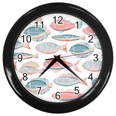 Hand-drawn-seamless-pattern-with-cute-fishes-doodle-style-pink-blue-colors Wall Clock (black)