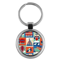 Toy-transport-cartoon-seamless-pattern-with-airplane-aerostat-sail-yacht-vector-illustration Key Chain (round)