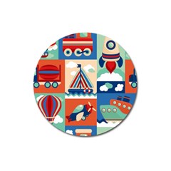 Toy-transport-cartoon-seamless-pattern-with-airplane-aerostat-sail-yacht-vector-illustration Magnet 3  (round)