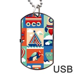 Toy-transport-cartoon-seamless-pattern-with-airplane-aerostat-sail-yacht-vector-illustration Dog Tag Usb Flash (one Side) by Jancukart