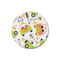 Seamless-pattern-vector-illustration-vehicles-cartoon Rubber Round Coaster (4 Pack)