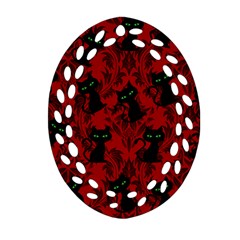 Halloween Goth Cat Pattern In Blood Red Oval Filigree Ornament (two Sides) by InPlainSightStyle