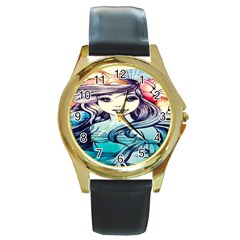 Beautifull Ariel Little Mermaid  Painting Round Gold Metal Watch by artworkshop