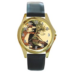 Calvin And Hobbes Round Gold Metal Watch by artworkshop
