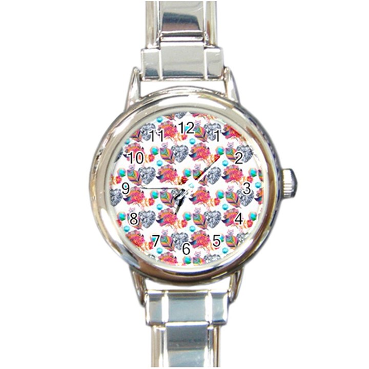 Flowers Diamonds Pattern Round Italian Charm Watch