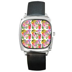 Bunch Of Flowers Square Metal Watch