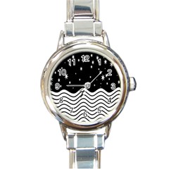 Black And White Waves And Stars Abstract Backdrop Clipart Round Italian Charm Watch