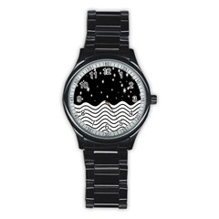 Black And White Waves And Stars Abstract Backdrop Clipart Stainless Steel Round Watch by Amaryn4rt