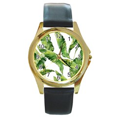 Sheets Tropical Plant Palm Summer Exotic Round Gold Metal Watch by artworkshop