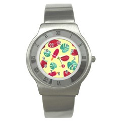 Watermelon Leaves Cherry Background Pattern Stainless Steel Watch by nate14shop