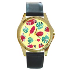 Watermelon Leaves Cherry Background Pattern Round Gold Metal Watch by nate14shop