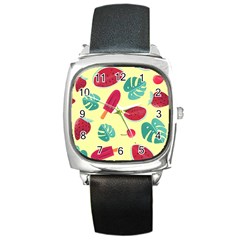 Watermelon Leaves Cherry Background Pattern Square Metal Watch by nate14shop