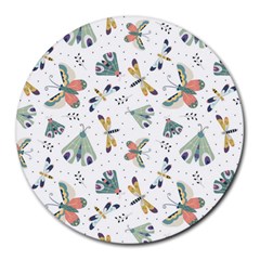 Seamless-pattern-with-moth-butterfly-dragonfly-white-backdrop Round Mousepads