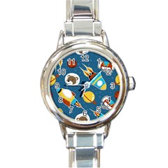 Seamless-pattern-vector-with-spacecraft-funny-animals-astronaut Round Italian Charm Watch