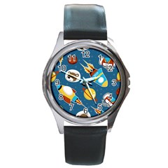 Seamless-pattern-vector-with-spacecraft-funny-animals-astronaut Round Metal Watch