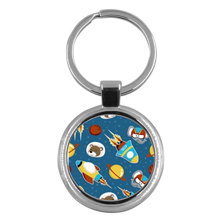 Seamless-pattern-vector-with-spacecraft-funny-animals-astronaut Key Chain (Round)