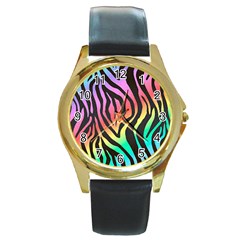 Rainbow Zebra Stripes Round Gold Metal Watch by nate14shop