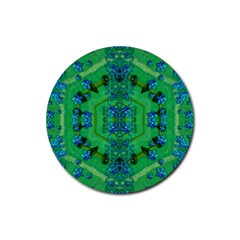 Vines Of Beautiful Flowers On A Painting In Mandala Style Rubber Coaster (round) by pepitasart