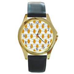 Flowers-gold-blue Round Gold Metal Watch by nate14shop
