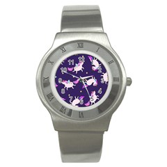 Fantasy-fat-unicorn-horse-pattern-fabric-design Stainless Steel Watch