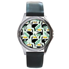 Seamless-tropical-pattern-with-birds Round Metal Watch