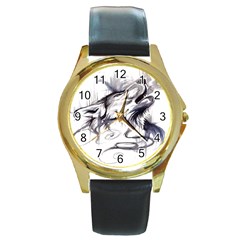 Tattoo-ink-flash-drawing-wolf Round Gold Metal Watch