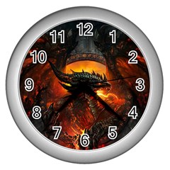 Dragon Fire Fantasy Art Wall Clock (silver)