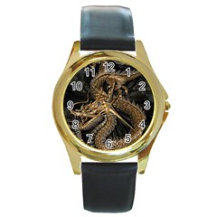Fantasy Dragon Pentagram Round Gold Metal Watch