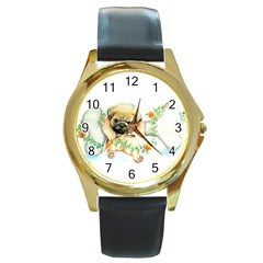 Pug-watercolor-cute-animal-dog Round Gold Metal Watch