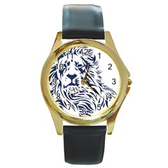 Head Art-lion Drawing Round Gold Metal Watch