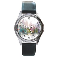 Drawing-watercolor-painting-city Round Metal Watch