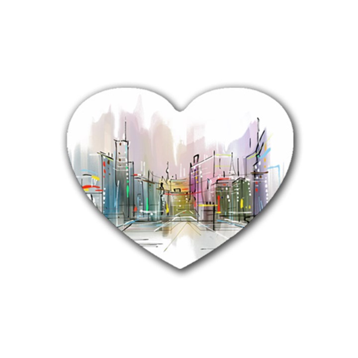 Drawing-watercolor-painting-city Rubber Coaster (Heart)