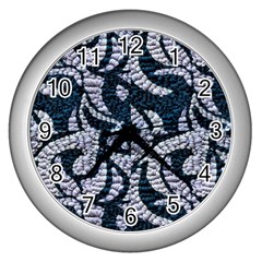 Blue On Grey Stitches Wall Clock (silver) by kaleidomarblingart