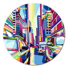 City-street-car-road-architecture Magnet 5  (round)